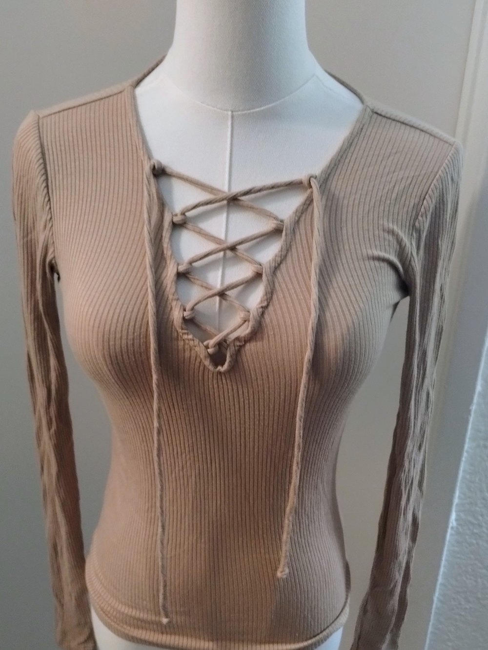 Forever 21 Taupe Ribbed Lace-Up Long Sleeve Top